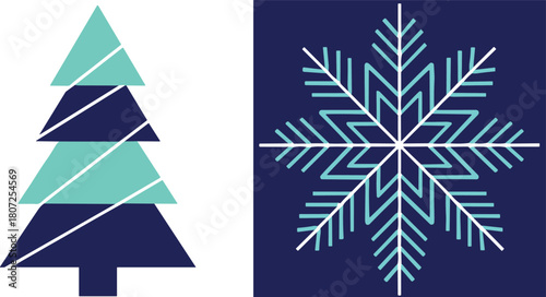 Minimalist Christmas and Winter Holiday Vector Art, Evergreen Tree and Snowflake Icon Set in Teal and Navy Blue for Festive Design