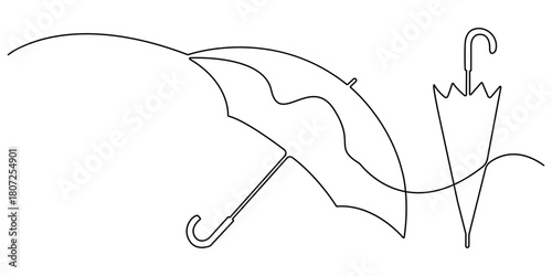 umbrella continuous one line drawing, Continuous one line drawing of opened umbrella. Single line drawing illustration of umbrella protection for rain and uv. Summer holiday concept vector art.
