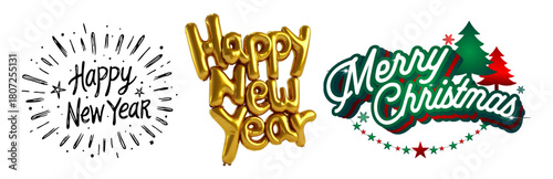Collection of festive greetings: happy new year and merry christmas text graphics