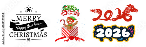 Christmas and new year greetings with gingerbread man and 2026 horse year design, stars, snowflakes, and ribbons