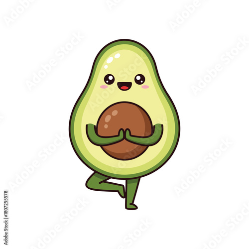 Happy cartoon avocado character striking a peaceful yoga tree pose, embracing wellness and healthy livin