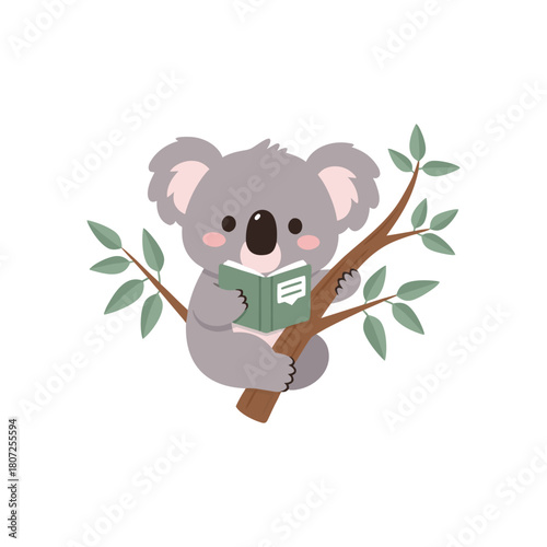 Cute cartoon koala bear reading a book while perched on a eucalyptus tree branc
