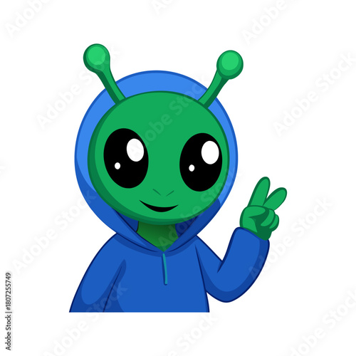 Cute green alien character wearing a blue hoodie makes a peace sign gestur