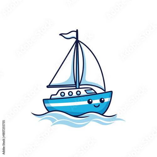 Cute blue cartoon sailboat smiling and floating on gentle waves against a white backgroun