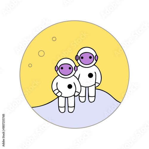 Cartoon astronauts exploring a whimsical lunar landscape against a vibrant yellow moo