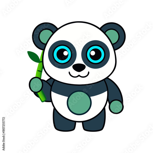 Cute cartoon panda holding a green bamboo stalk on a white backgroun