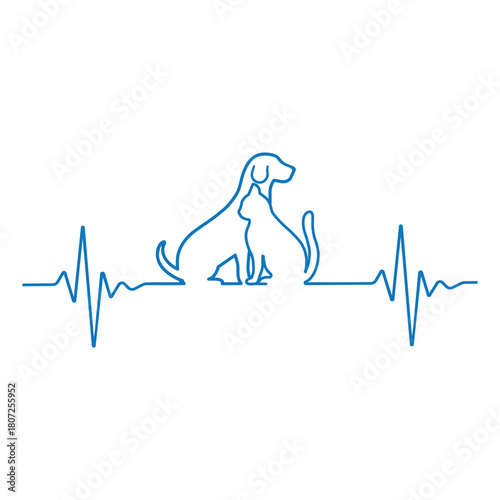 Linear illustration of a dog and a cat with a pulse on a white background