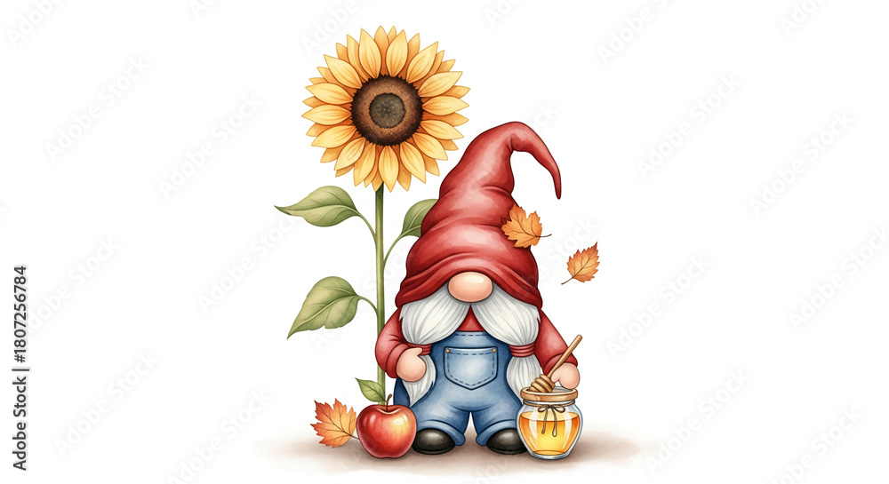 Naklejka premium Illustration of a gnome with sunflower, apple, honey jar, and autumn leaves, representing harvest, nature, and fall season, perfect for seasonal themes
