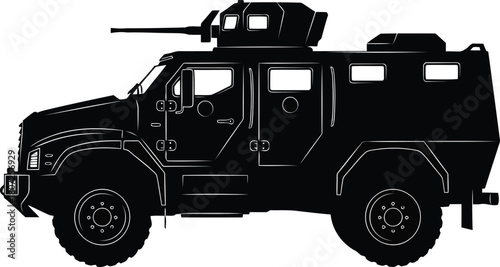 Armored tactical vehicle silhouette with mounted weapon system ready for action vector