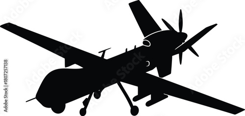 Silhouette of a military surveillance drone aircraft with propeller and wings in flight ready for aerial reconnaissance missions vector
