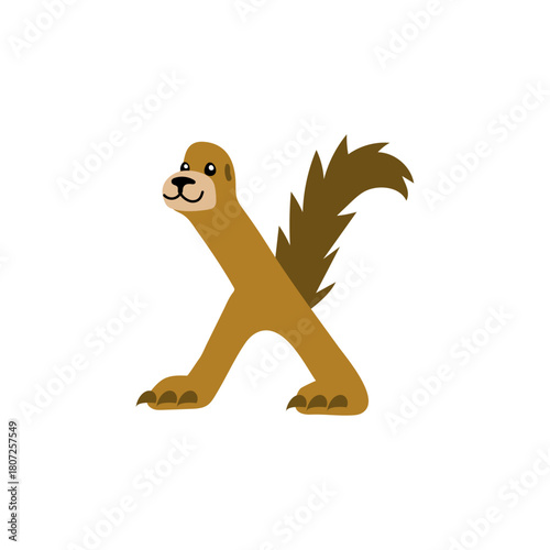 Cute cartoon letter X designed as a brown animal with a bushy tail and smiling face, perfect for education