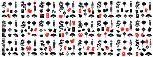 Chinese New Year icons seamless pattern featuring dragons, lanterns, red envelopes, and 'Fu' symbols.
