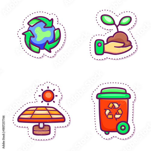 Eco-friendly Icons Recycling, Solar Energy, Planting, and Waste Management for a Sustainable Future