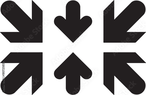 Six Black Arrows Pointing Inward on White Background Keywords: arrows, inward, converging, center