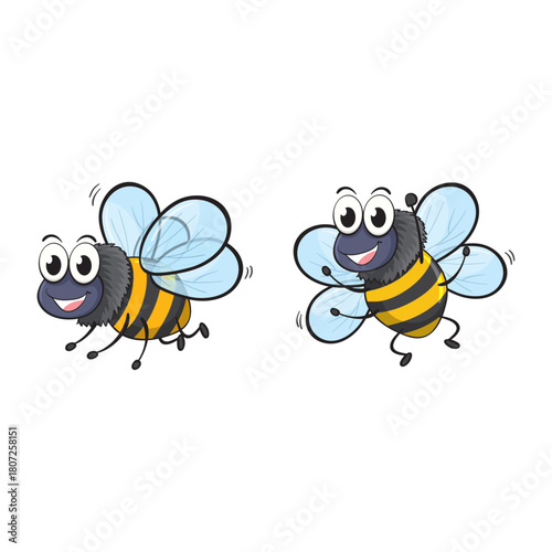 Two cartoon bees with smiling faces flying with their wings spread wide apart