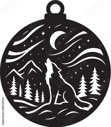 Wolf and Mountain Aurora Christmas Ornament Silhouette.eps