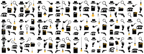 Seamless pattern of vintage detective and film noir icons including hats, magnifying glasses, guns, footprints, and classified files, ideal for mystery designs.