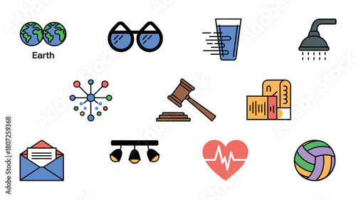 A collection of conceptual icons representing Earth, glasses, a drink, a shower, connections, law, books, an envelope, lighting, health, and sports.