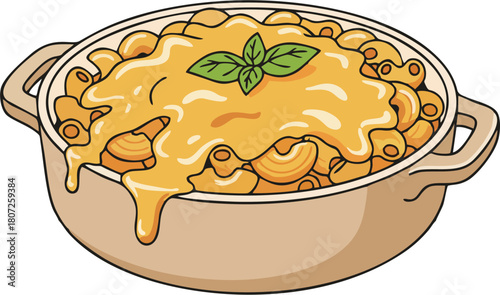 Baked Cheesy Macaroni in Beige Pan Vector with Melting Cheese and Basil Garnish