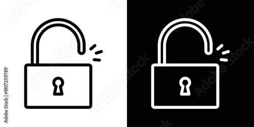 Unlock icon in black and white stroke on background. Perfect for security settings, access control, and login interfaces.