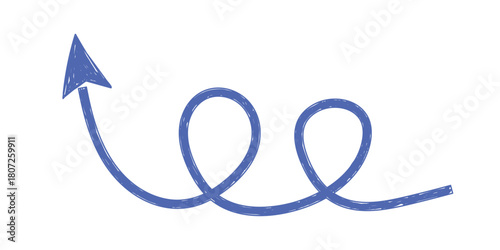 Hand drawn crayon movement blue arrow. Grunge squiggly arrow. Pencil chalk lines sketch. Color brush scribble element. Doodle vector illustration.