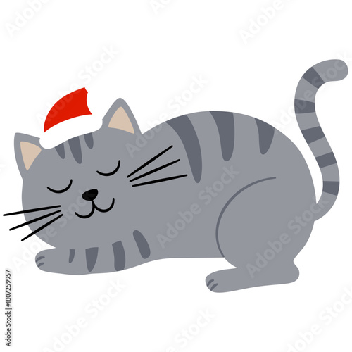 Slipping Christmas cat in Santa hat. Charming illustration in flat cartoon style for greeting cards, season greetings, end other design.