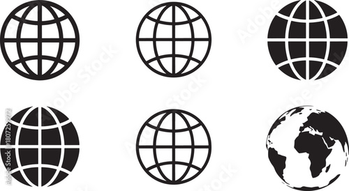 Six globe icons including a realistic earth and five stylized globes Keywords: globe, world, earth