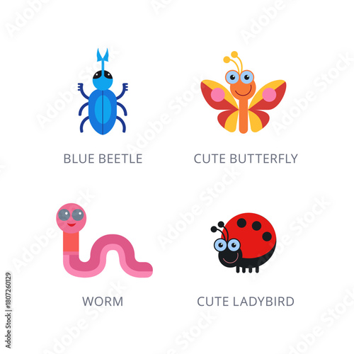 Adorable vector collection of charming cartoon insects and worms in a playful flat design style, perfect for children