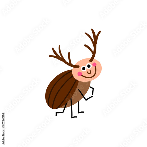 A charming and cute cartoon stag beetle character with large antlers smiling happily on a white background