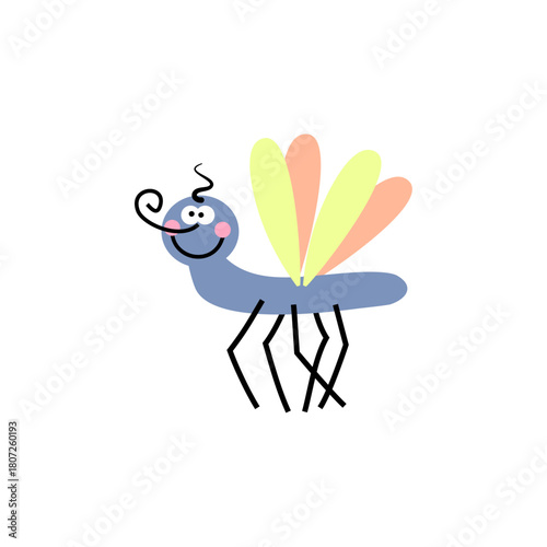 Whimsical insect illustration with pastel wings, featuring a friendly smile and playful antennae on white