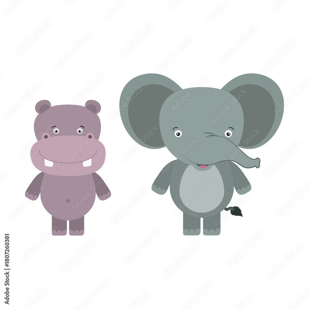 Fototapeta premium Adorable Cartoon Elephant and Hippo Characters Standing Side by Side