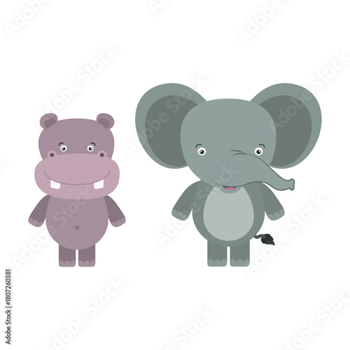 Adorable Cartoon Elephant and Hippo Characters Standing Side by Side