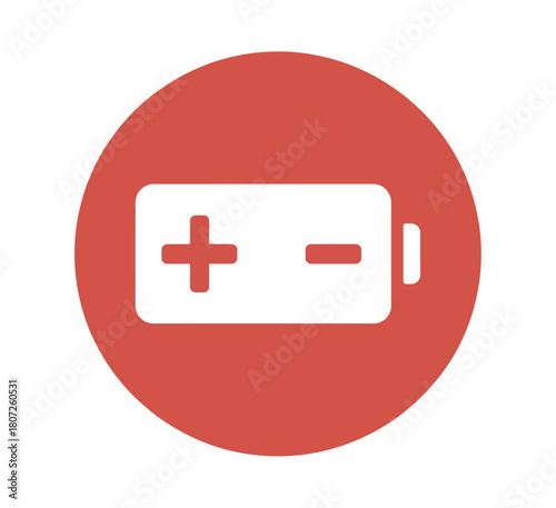 A battery icon with a plus and minus sign is displayed within a red circle, representing power or energy.
