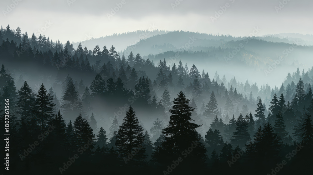 Fototapeta premium Serene moody forest landscape with misty foggy mountain hill view. scenic outdoor background of evergreen trees in tranquil wilderness scene