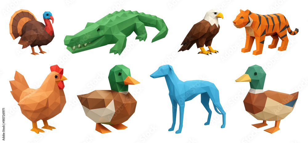 Fototapeta premium PNG Colorful low-poly animal figures, element set on transparent background