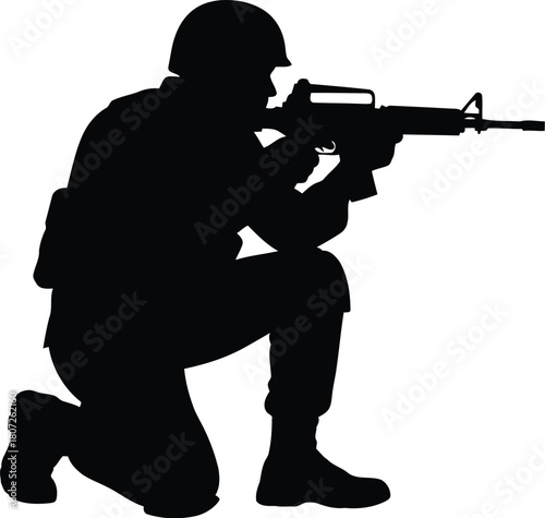 Silhouette soldier kneeling aiming rifle modern military combat forces tactical operative ready for action vector
