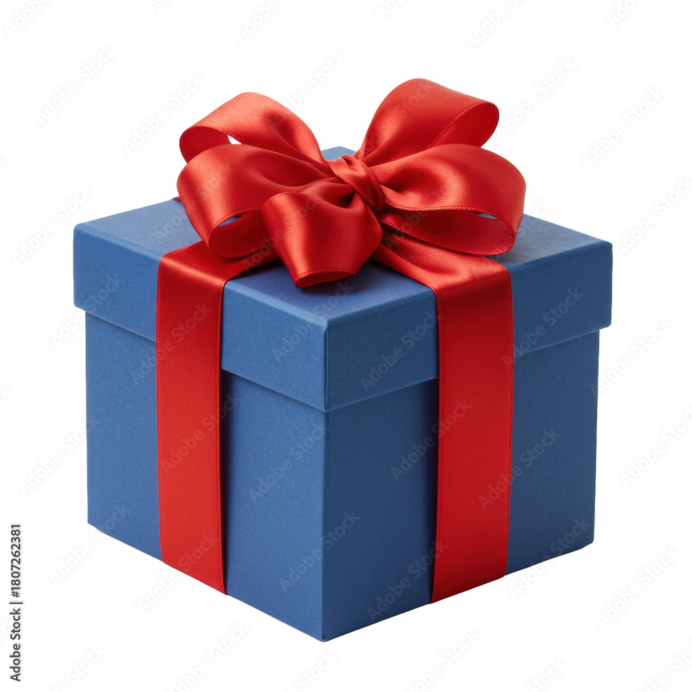 Obraz premium ultra-photorealistic macro shot of a cerulean blue cubed gift box with a precise scarlet red satin bow, isolated on transparent background, showcasing luxury textures. concept of premium gift-giving
