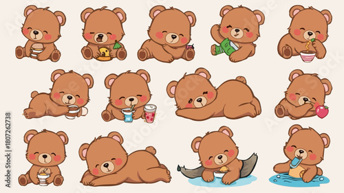 set of kawaii brown bear different activity cartoon design