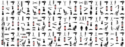 Barbershop equipment seamless pattern with iconic silhouettes of scissors, combs, razors, chairs, hair dryers, and classic red and white striped poles.