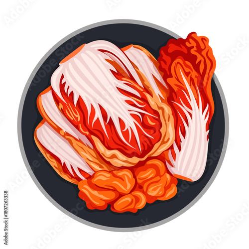 A detailed overhead vector illustration of traditional Korean kimchi highlighting the textures of spicy fermented napa cabbage leaves coated in vibrant red seasoning on a simple dark grey plate