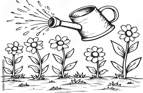 Watering Can Pouring Water onto Flowers in a Garden | Black and White Outline Illustration for Coloring Books, Educational Resources, and Gardening Themes