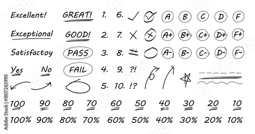Hand drawn exam doodles of grades and percentage, Gradation elements for teachers in hand drawn style, Teacher scores of school homework,