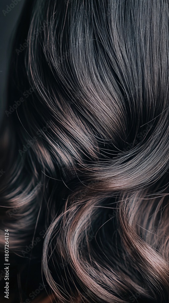 Naklejka premium Captivating details of black hair with droplets showcasing natural shine and texture in a dark background