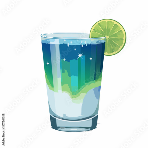 Pixel Art Cocktail Glass With Blue Green Layers and Lime Slice Garnish Against White Background