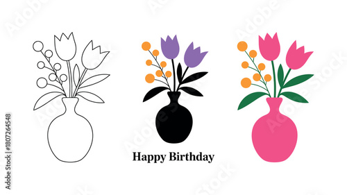 A bouquet of tulips in a vase with the words "Happy Birthday" underneath.