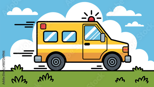 A cheerful yellow ambulance speeds across a grassy field under a cloudy blue sky.