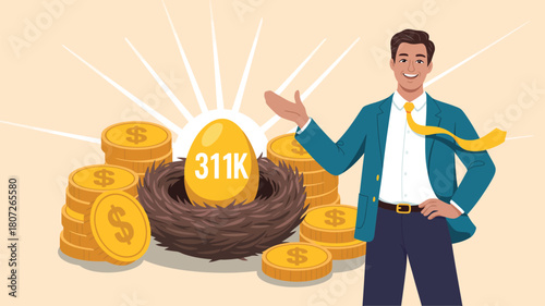 A smiling businessman proudly displays a golden nest egg representing savings of 311K surrounded by stacks of coins.
