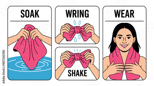 Illustrations show the steps of soaking, wringing, shaking, and wearing a cooling towel for hot weather relief.