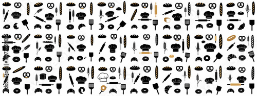 Stylized Black and Gold Bakery and Pastry Icons Seamless Repeat Pattern Background for Food and Cooking Themes.