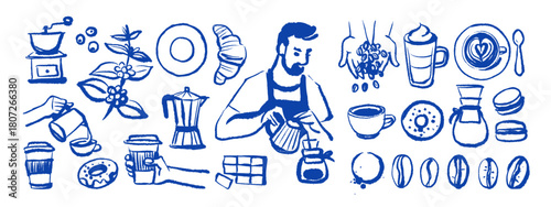 Hand drawn vintage coffee set. Cafe menu and packaging design. Whimsical sketch vector illustration.